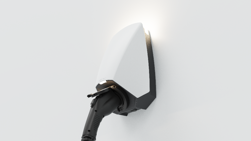 Aurora Seren 7.4kW EV Charger mounted on wall with charging cable attached
